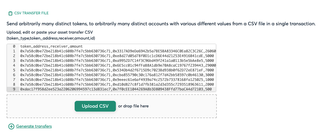 Sending 2 types of ERC-20 tokens to 9 different addresses.